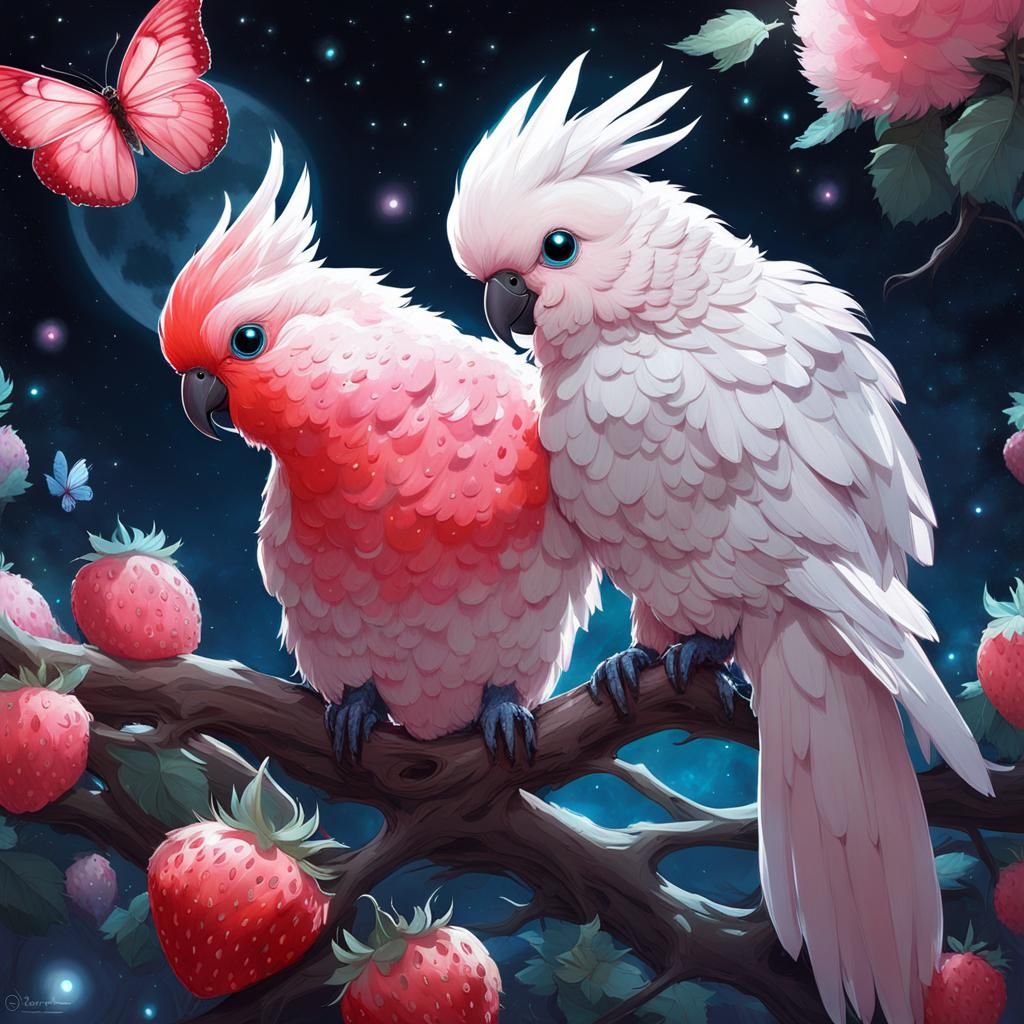 Chibi Strawberry Cockatoo Constellation on Bioluminescent Fl...