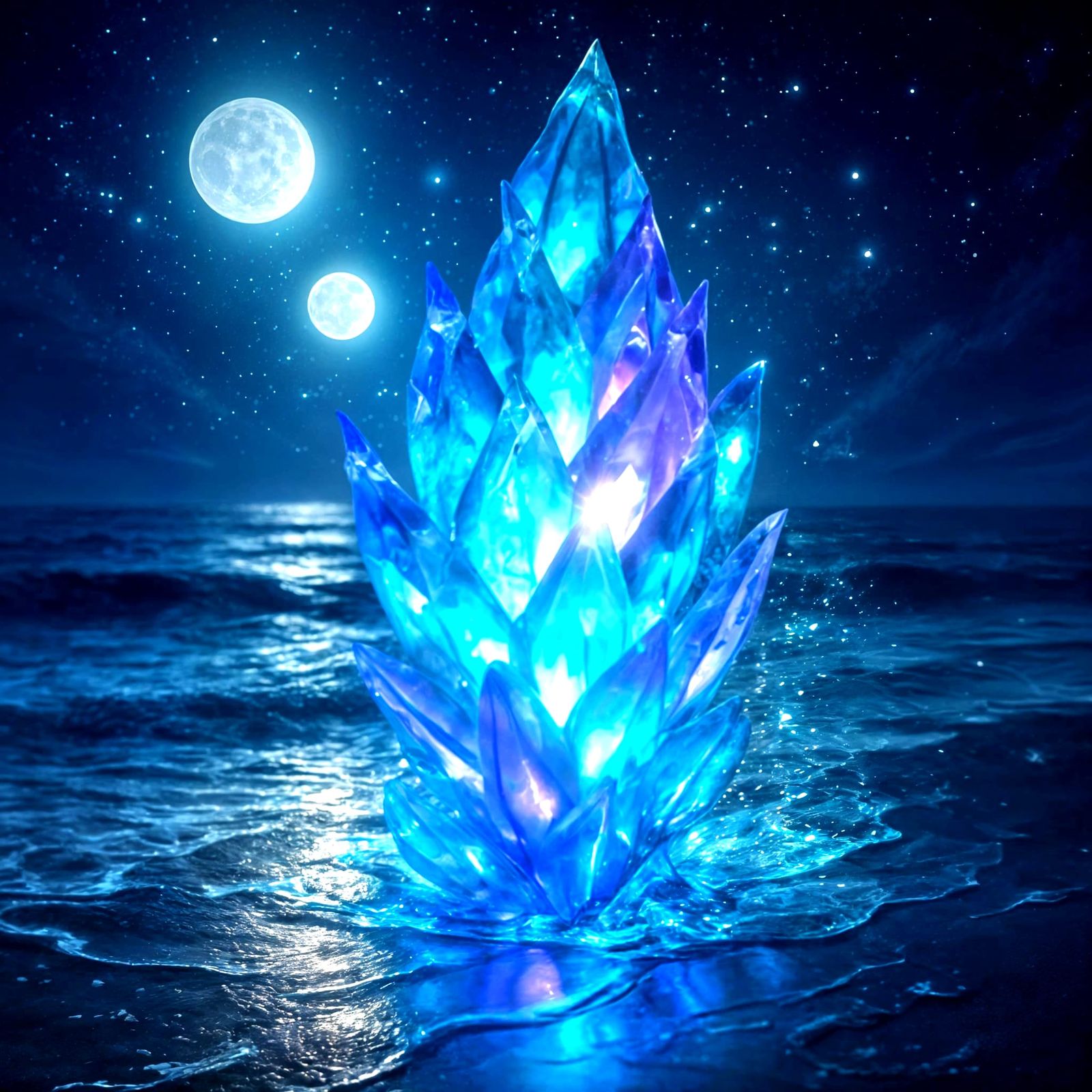 Seaglass Sculpture on Moonlit Shoreline