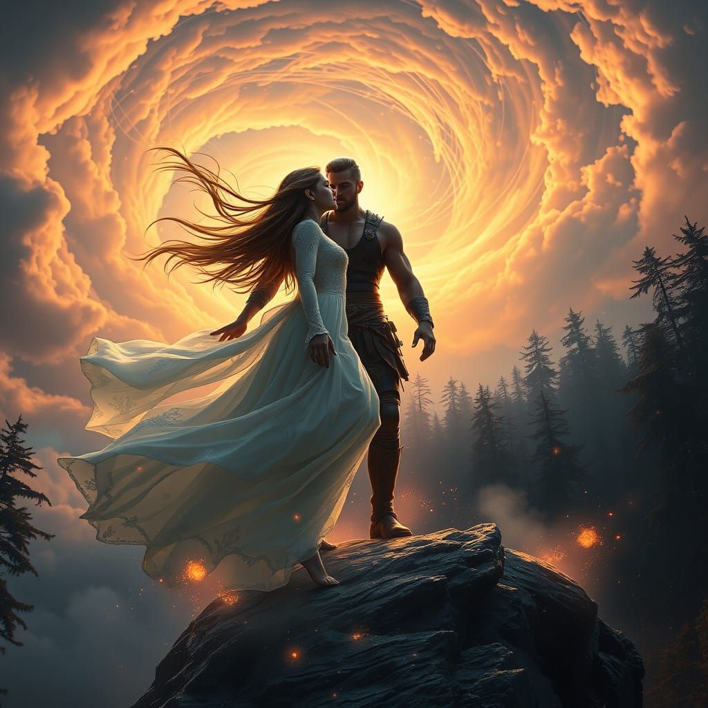 Fantastical Concept Art of Falling Woman in Hero's Arms