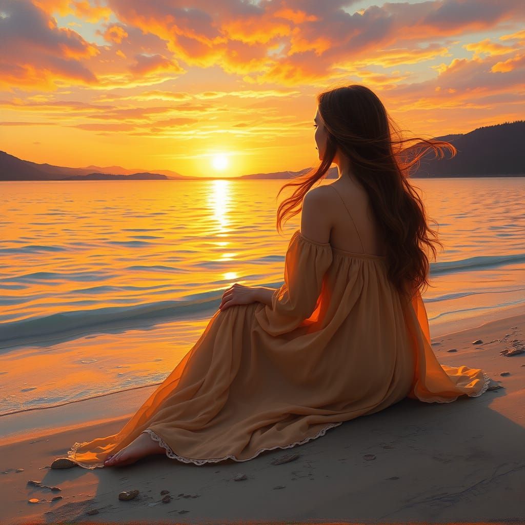 Woman on Lake Beach at Sunset, Romantic Style