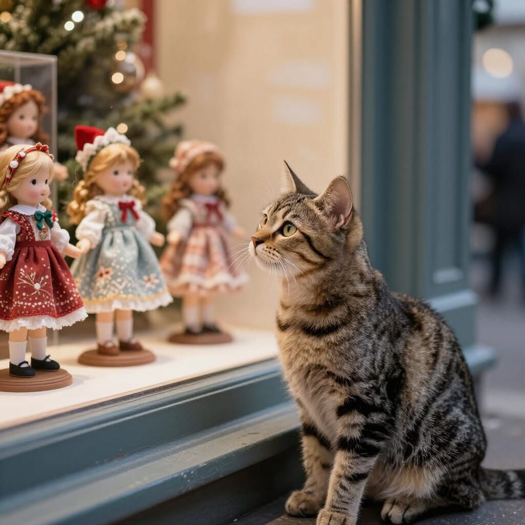 Tabby Kitten Gazes at Christmas Dolls in Toyshop Window