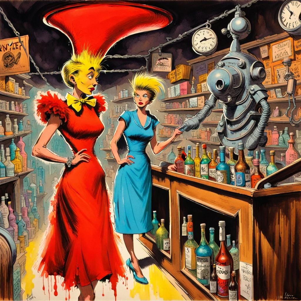 Sinister Traveler Dress Shopping with AI in Dystopian Style