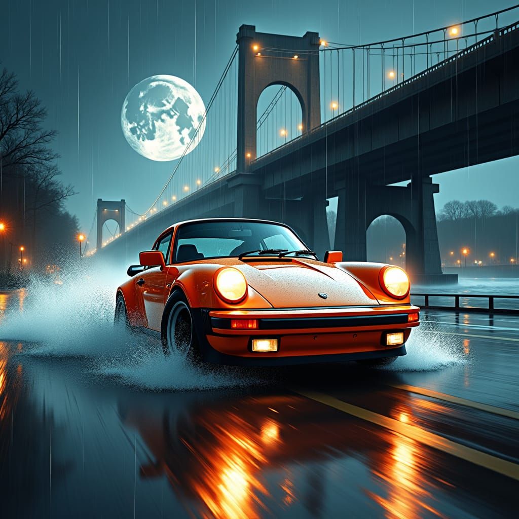 Porsche Races Under Moonlight: Hyperrealistic Splash Art