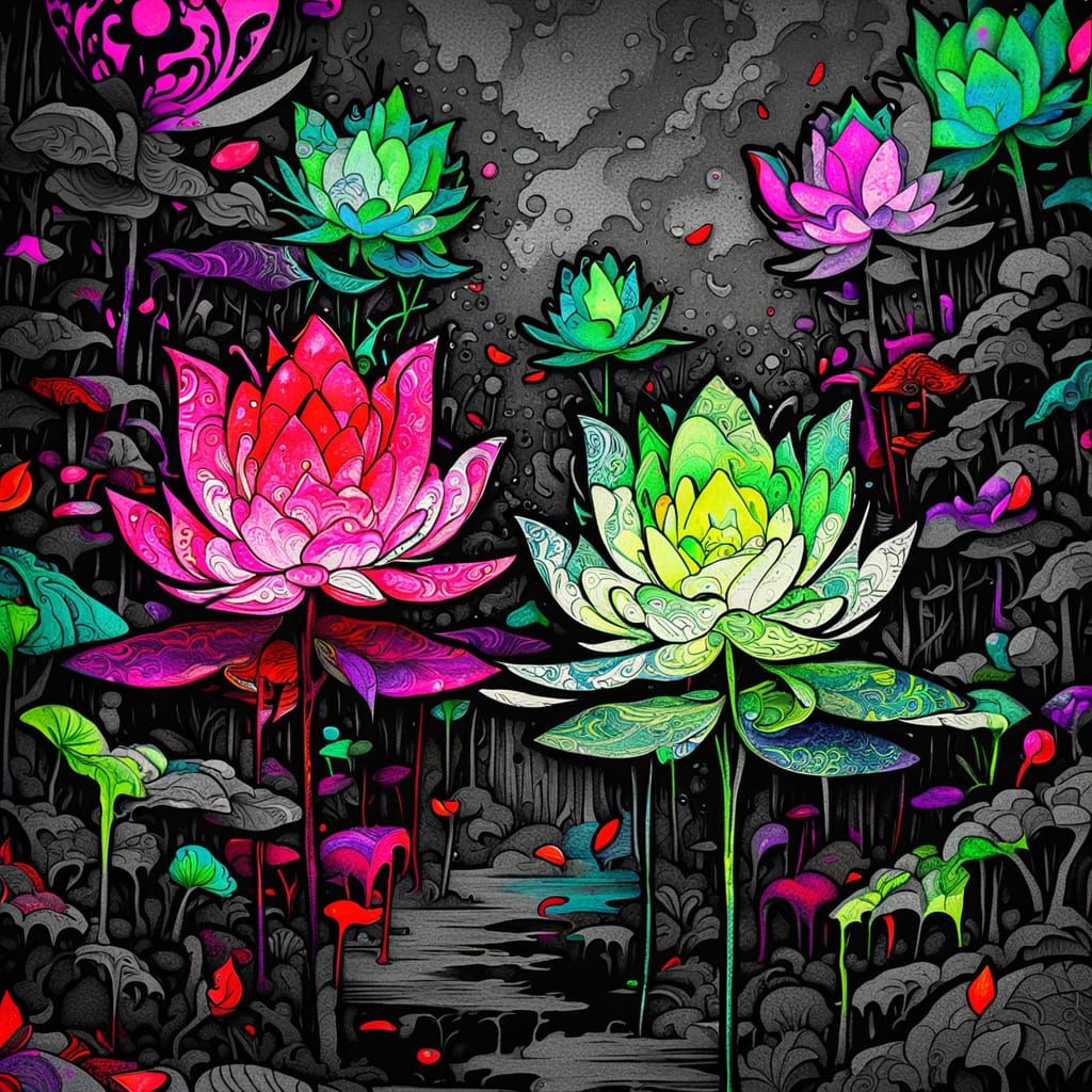 Glowing Lotus in Forest: Fantasy Inkwash Painting