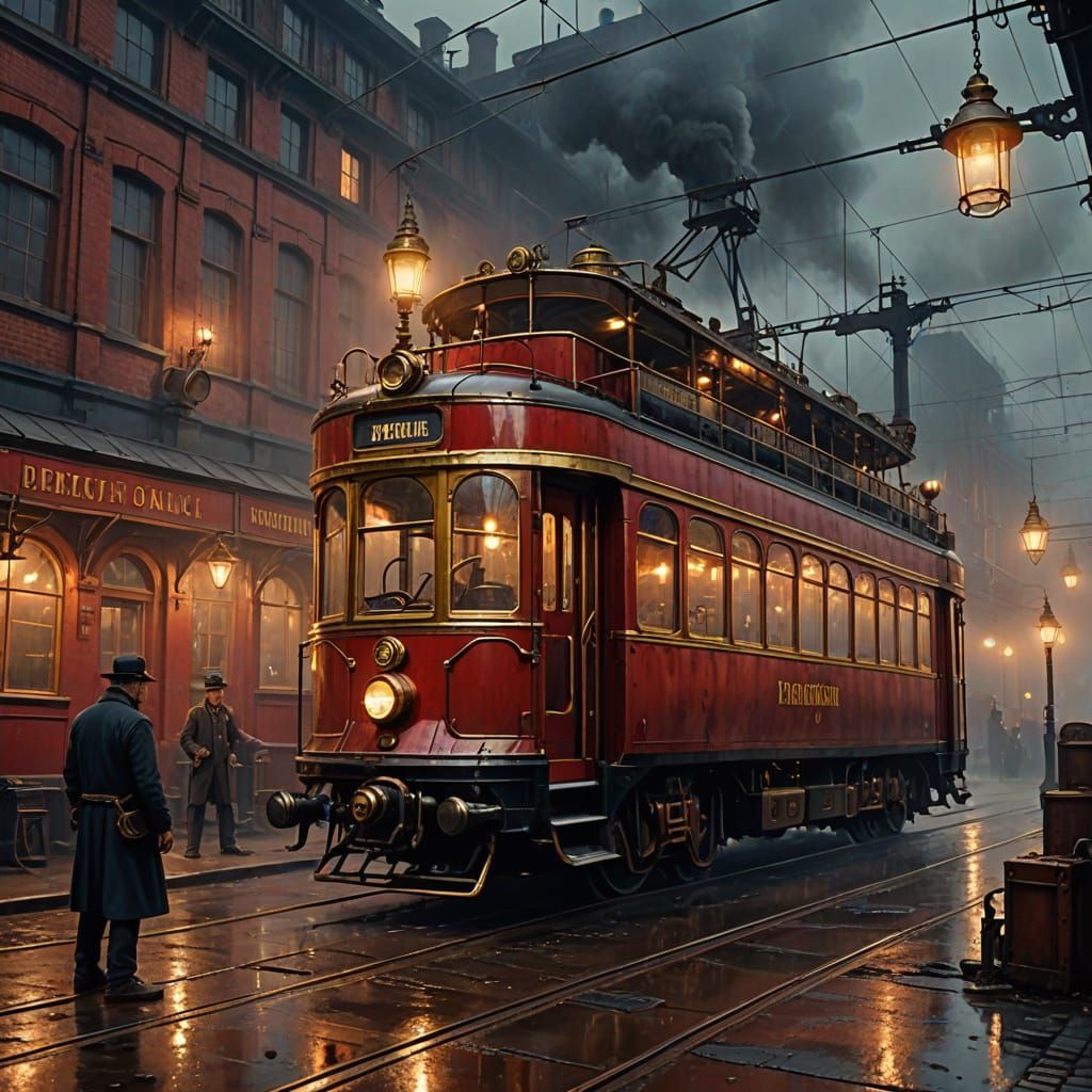 Steampunk Red Tram at Depot in Industrial Night Scene