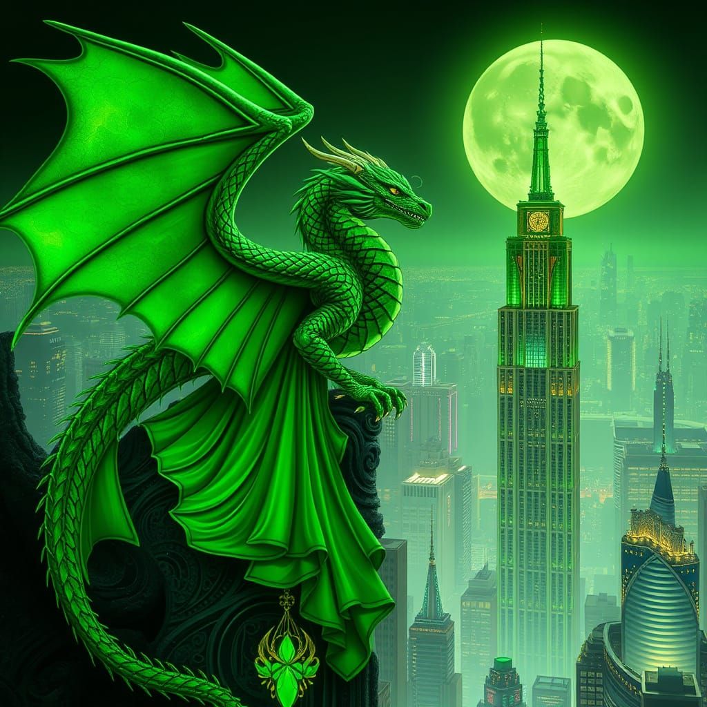 Green Dragon in Emerald Gown Overlooking Neon City