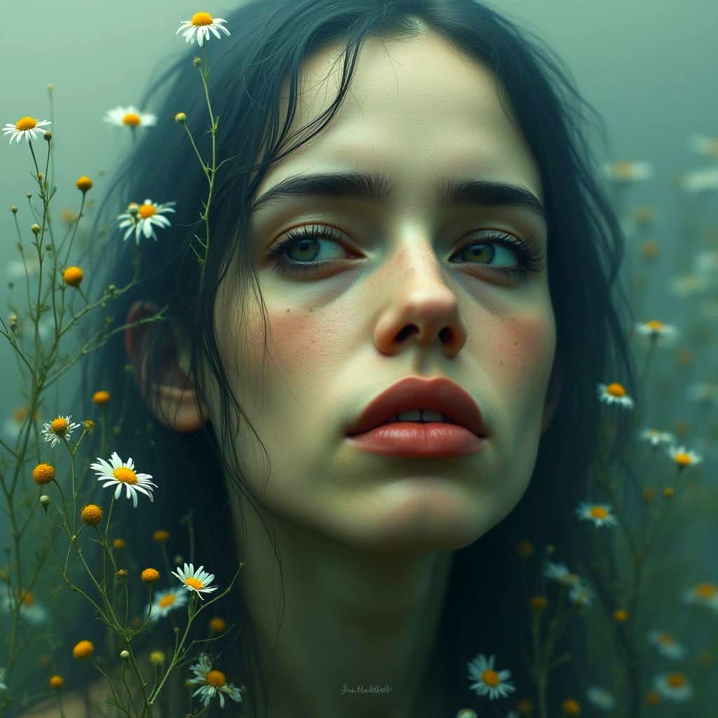 Sorrowful Eyes Reflecting Light in the Mist