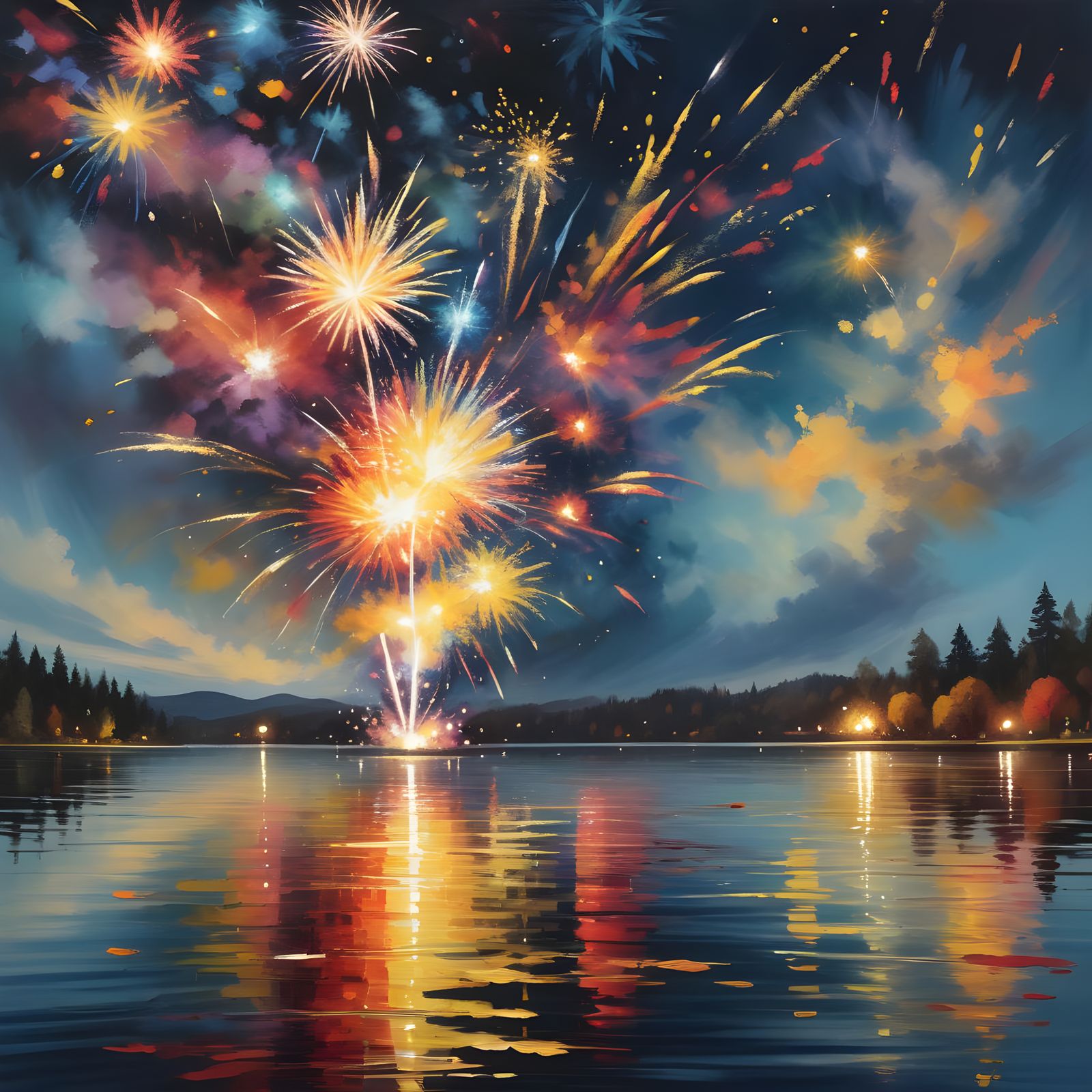 Autumn Fireworks Reflecting in Water