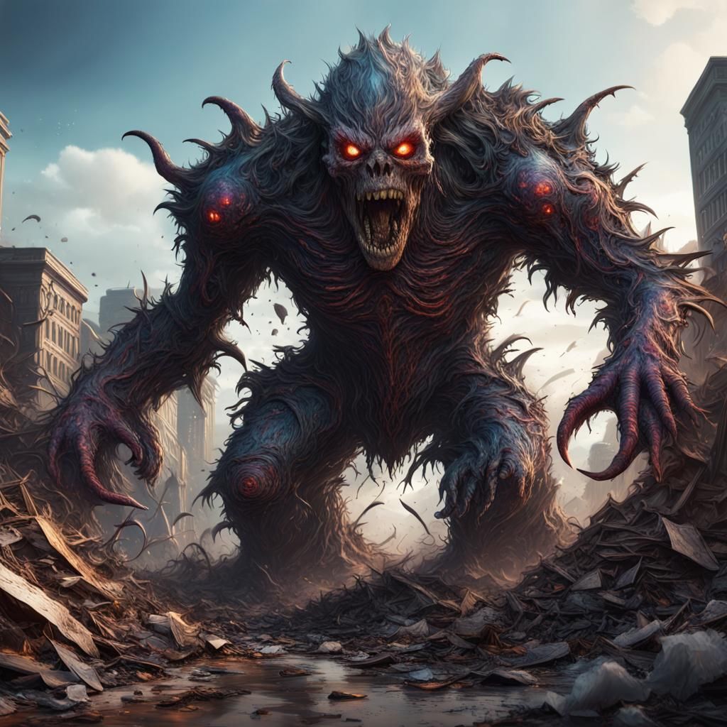 Trash Monster Destroying Humanity: Detailed Matte Painting