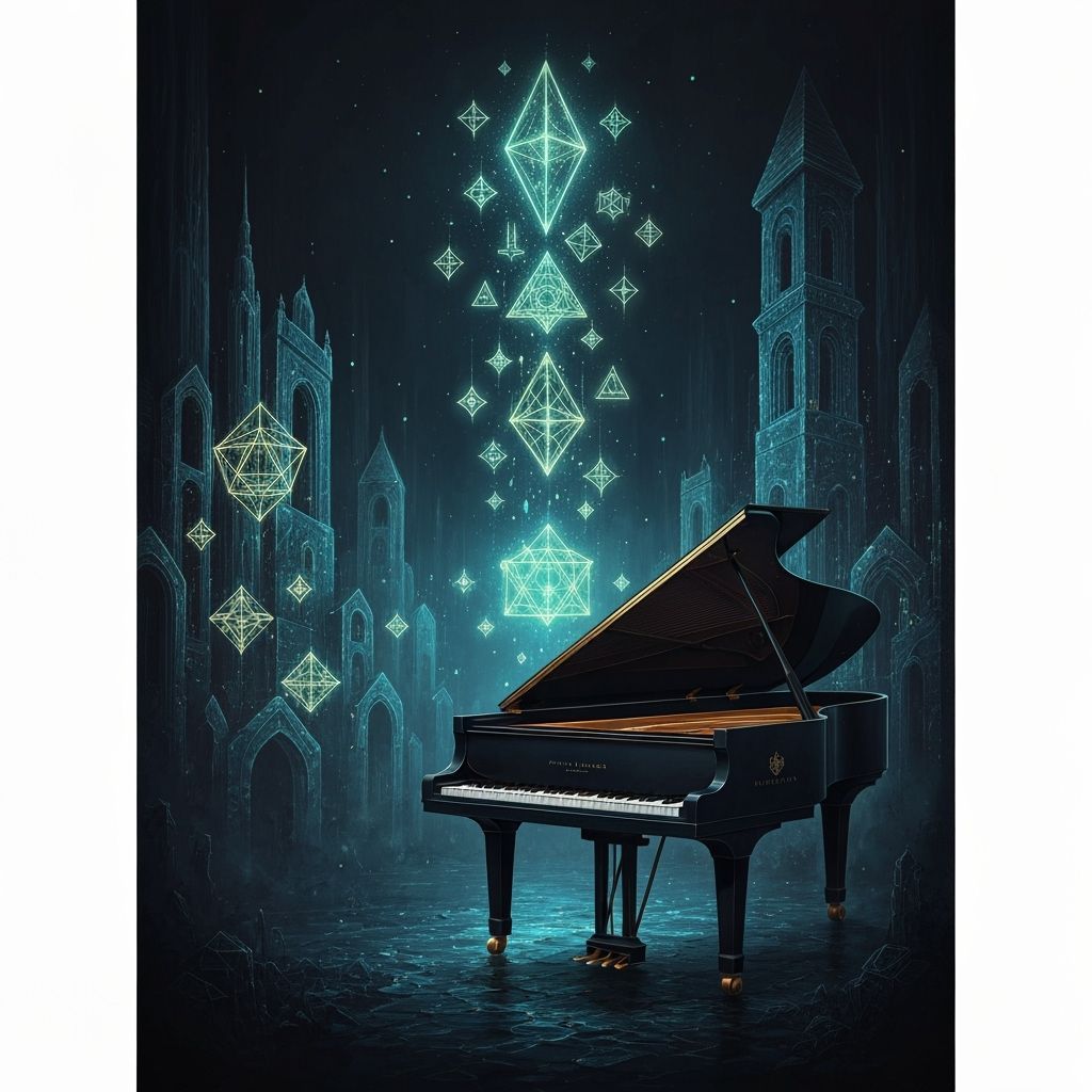 Sorcerer Pianist Releasing Magic Symbols in Dark Hall