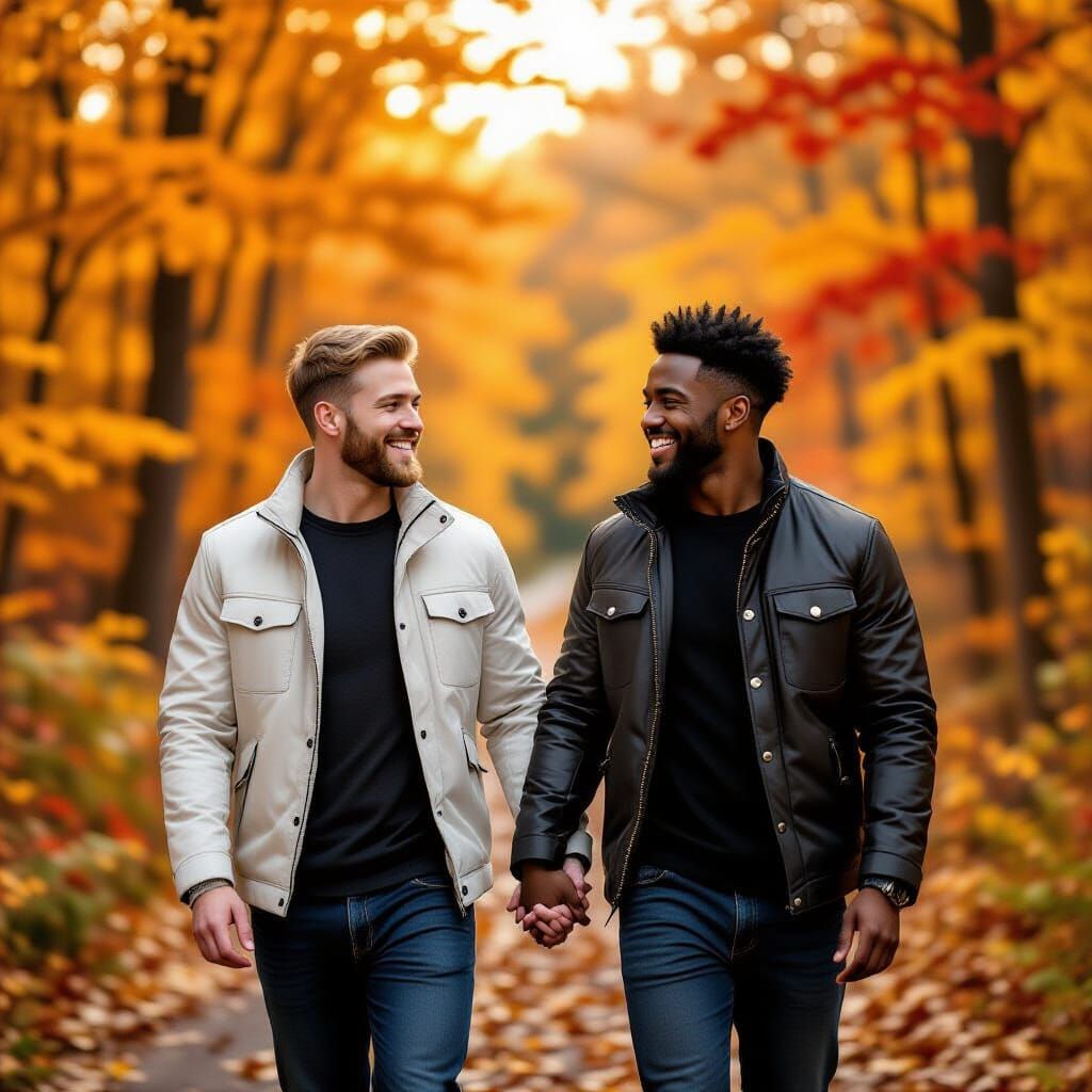 Joyful Autumn Forest Walk: Two Men Hand-in-Hand