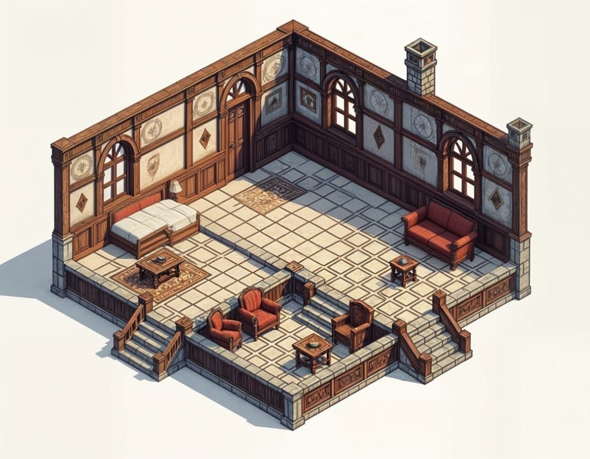 Isometric Blueprint Battle Map of Fantasy House Second Floor