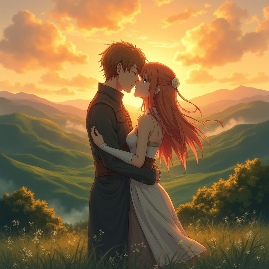 Romantic Farewell in Golden Sunset Landscape