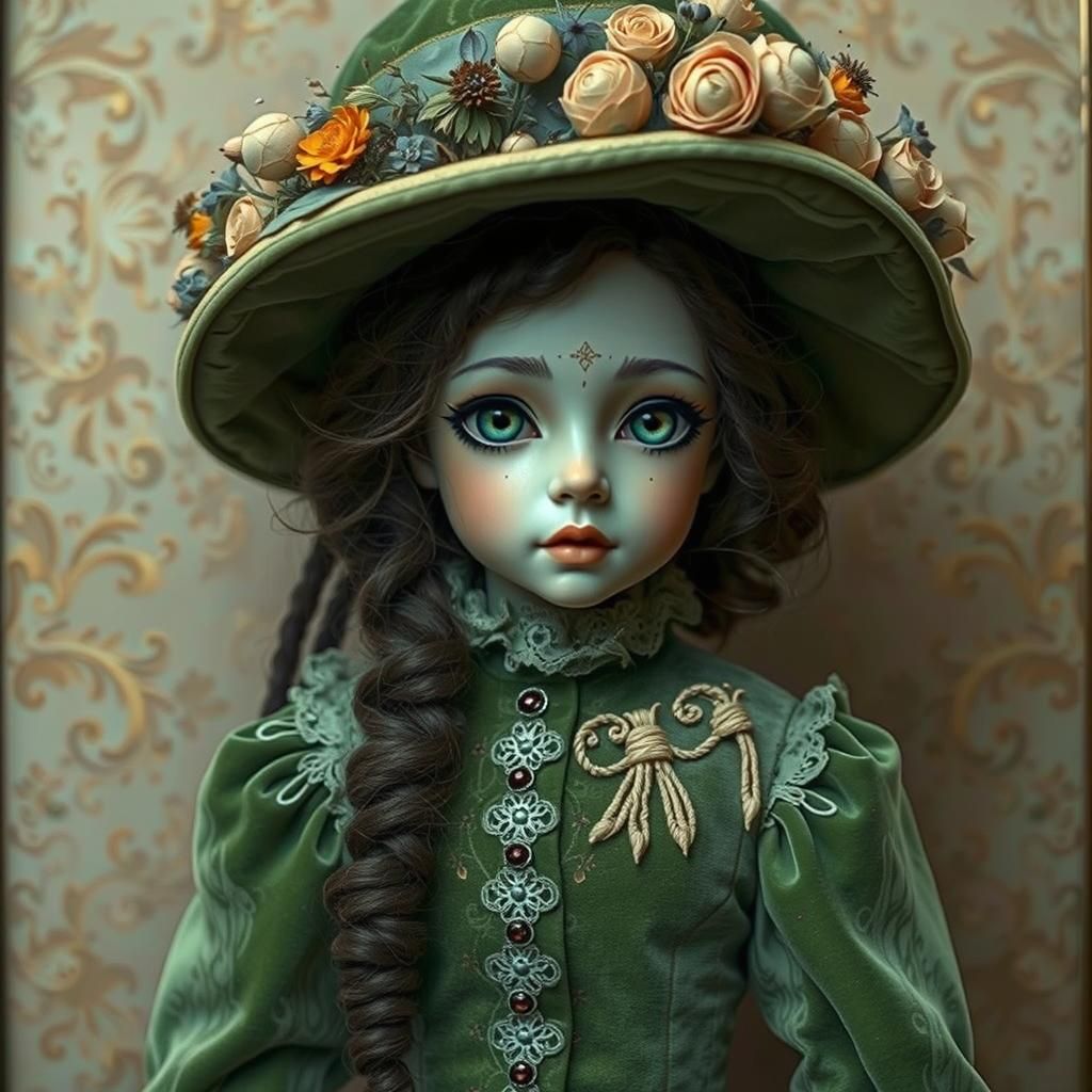 Victorian Witch Porcelain Doll Portrait in Baroque Frame