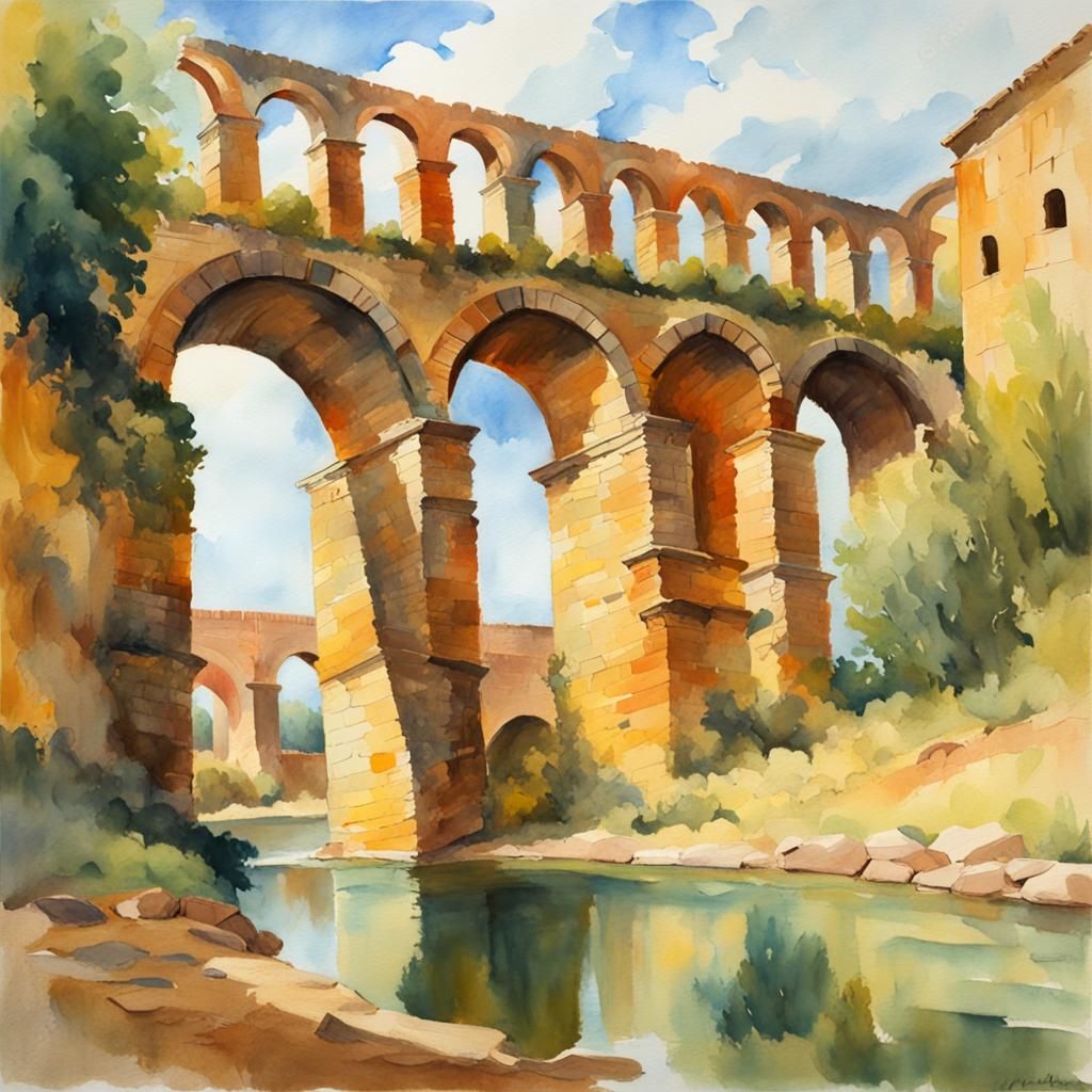 Ancient Aqueduct in Gouache Style Watercolor