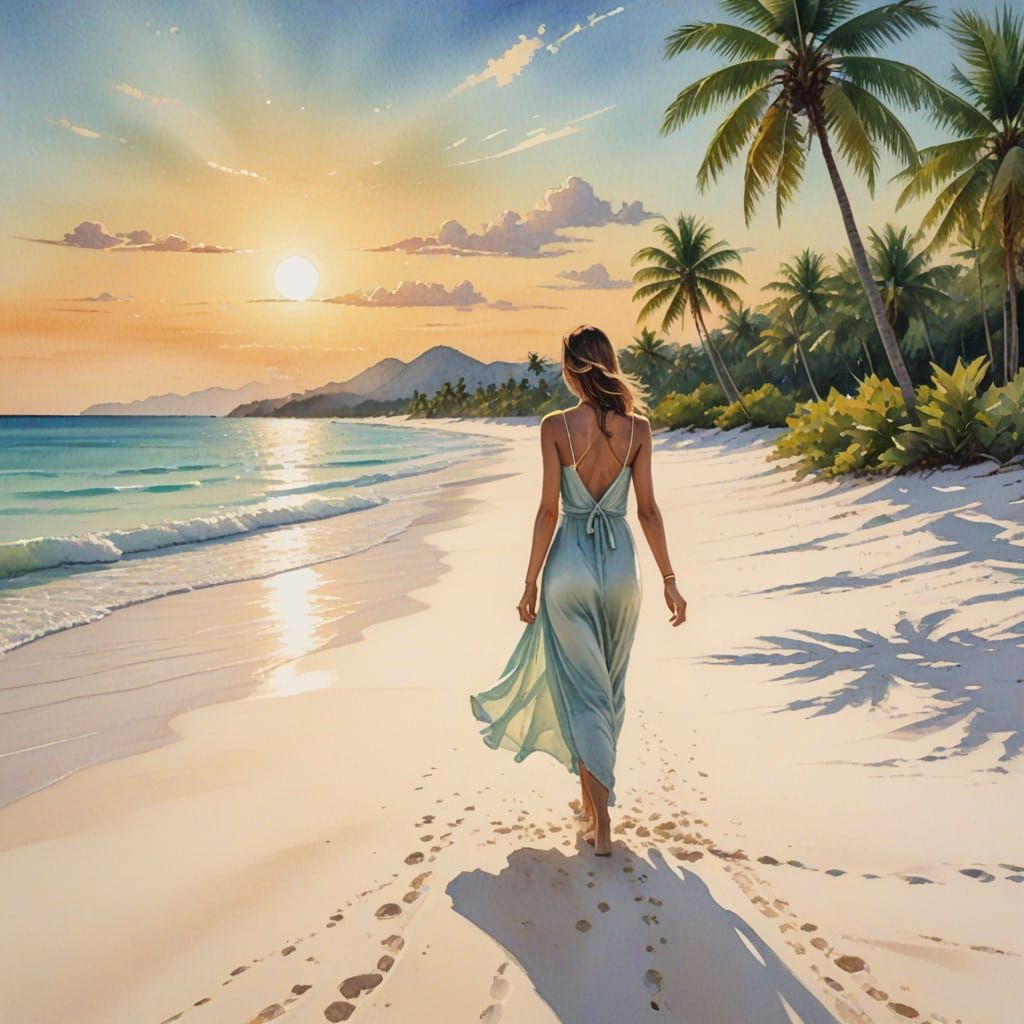 Woman on White Sand Beach in Watercolor Style