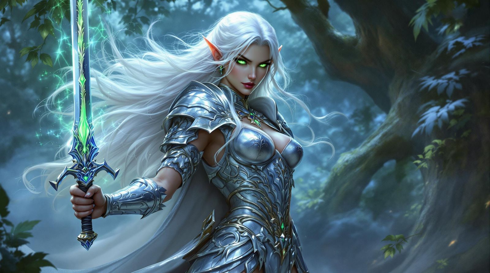 Elf Warrior Princess in Mystical Forest, Fantasy Art