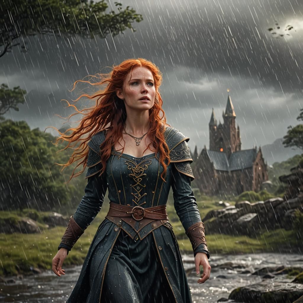 Redhead Celtic Woman in Rainfall: Fantasy Art