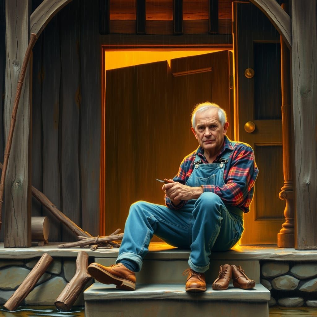 Man Carving Wood on Porch in Rockwell Style