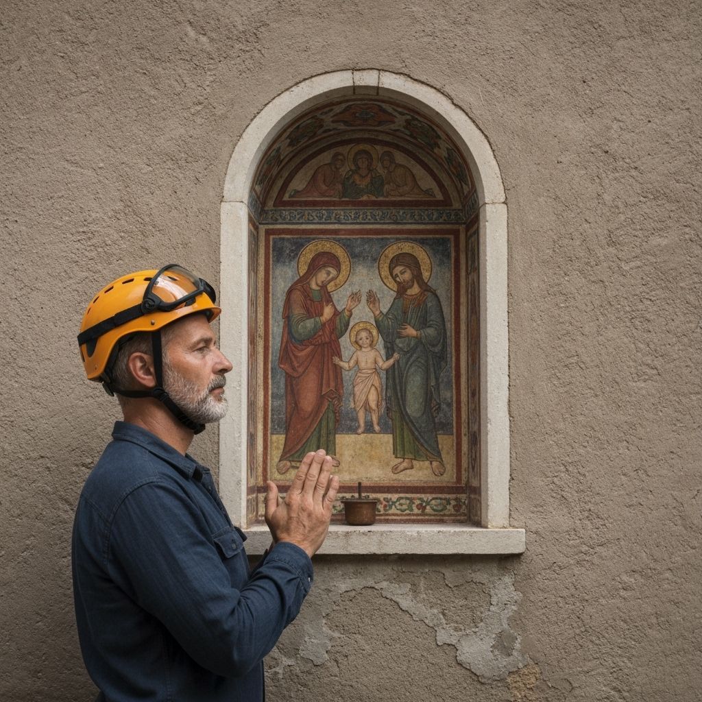 Man Prays at Shrine with 14th Century Fresco in Anime Style