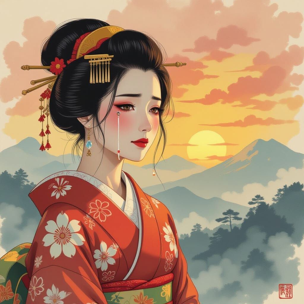 Woman in Japanese Attire with Tears, Ukiyo-e Style