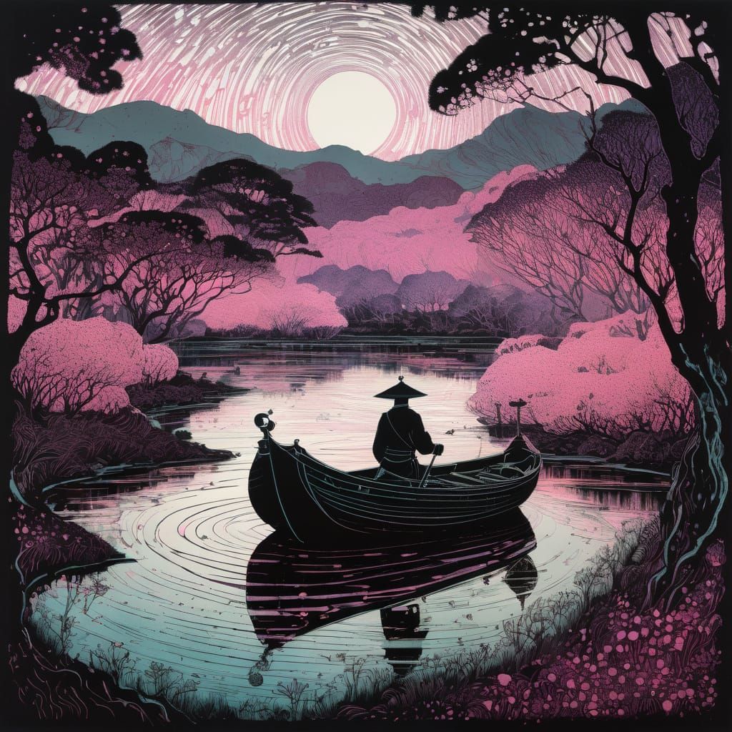 Etching and Aquatint Artwork in Vibrant Pink and Silver