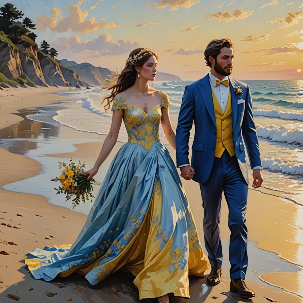 Bride and Groom on Beach in Impressionistic Style