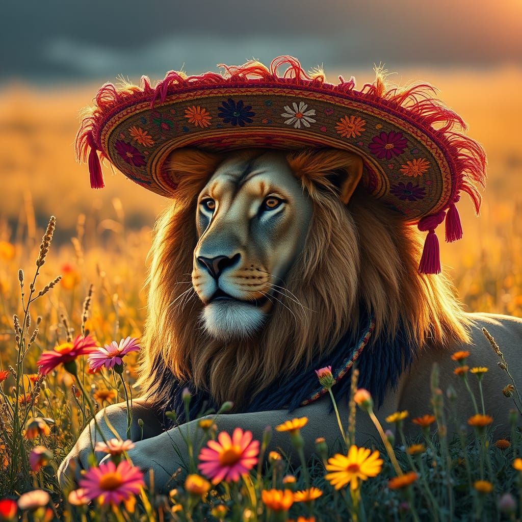 Lion Lounging in Wildflowers Wearing Sombrero