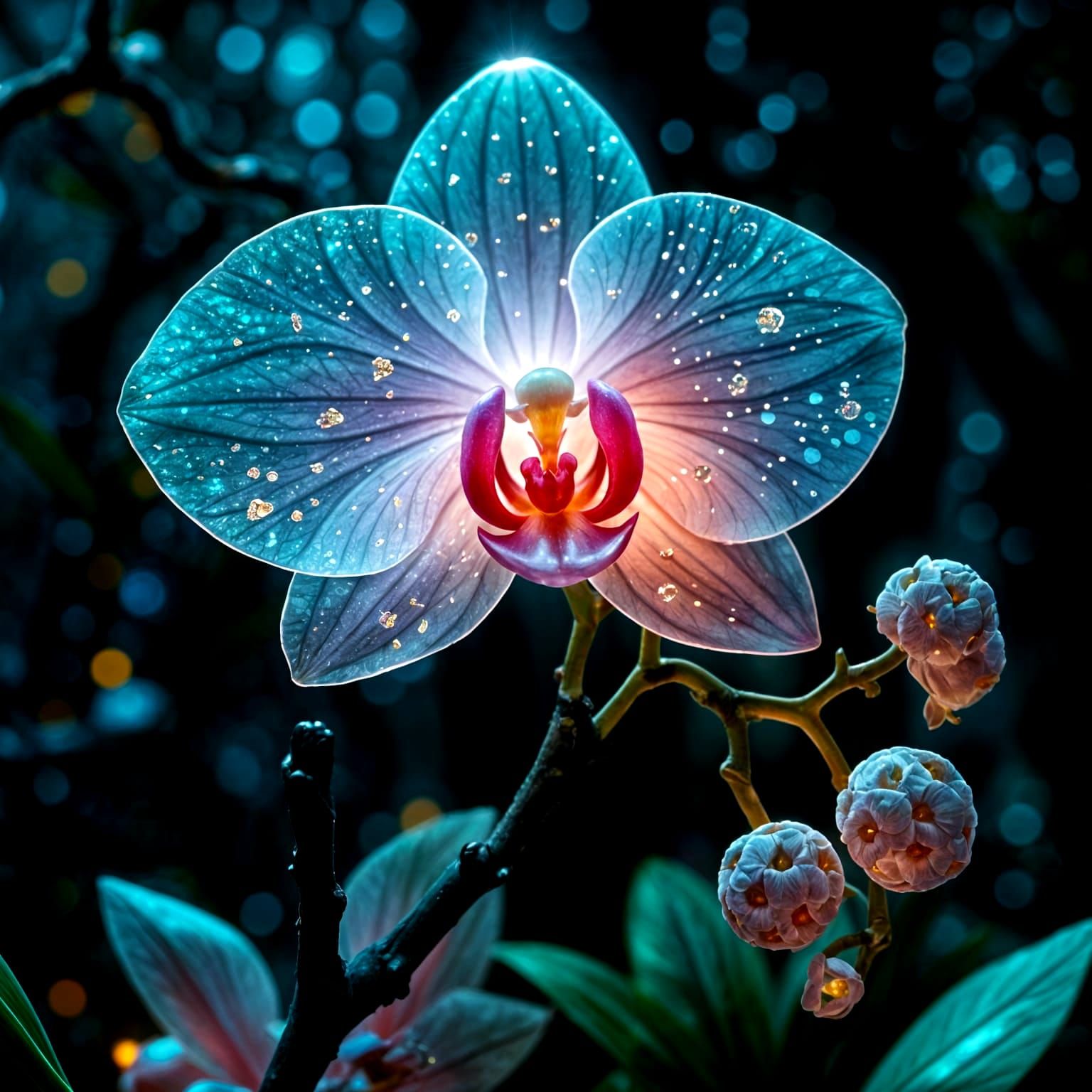 Bioluminescent Orchid Crystal Sculpture in a Night Forest