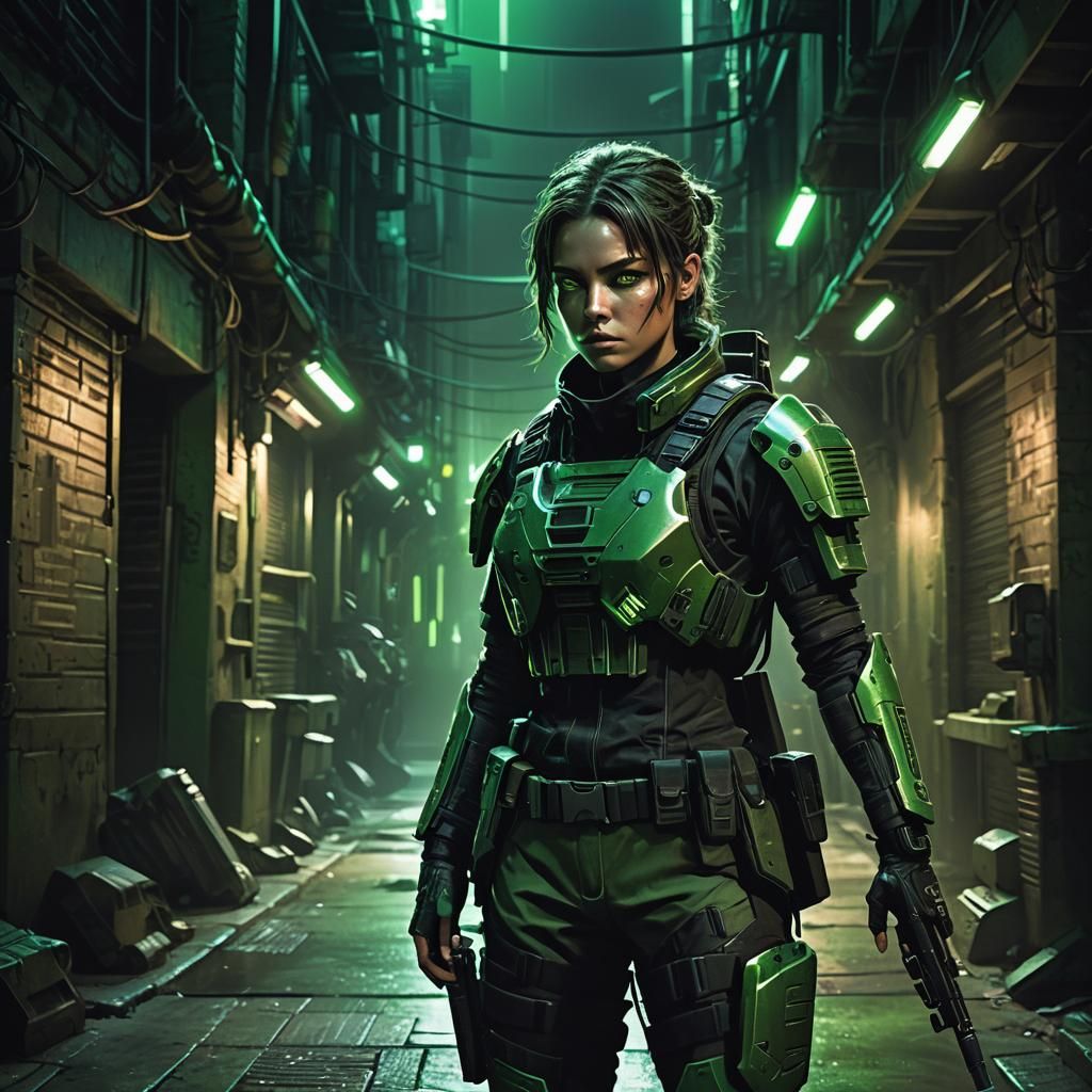 Woman in Green Tactical Gear in Dark Alley