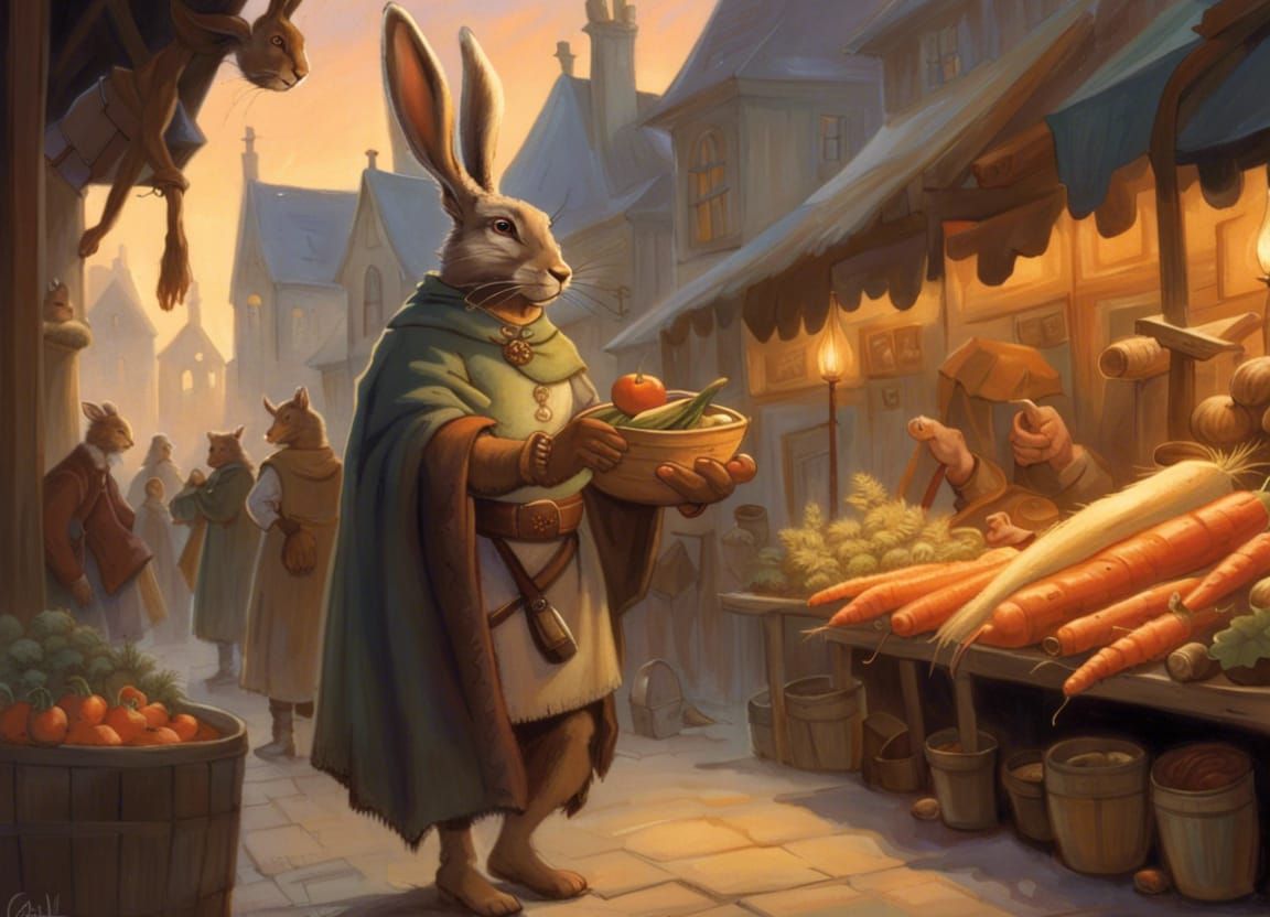 Medieval Hare Shopping at Market, in Fantasy Style