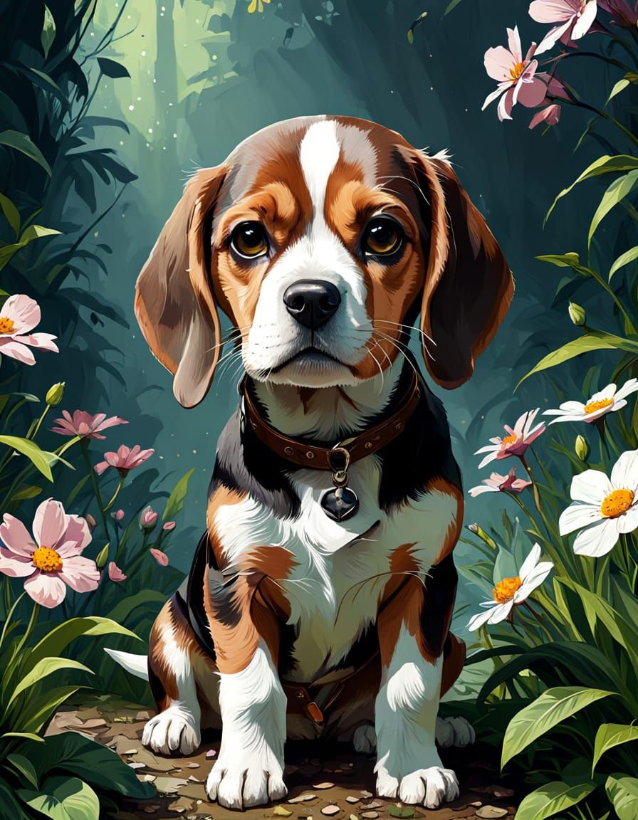 Surreal Beagle Embarks on Whimsical Floral Adventure in Digi...