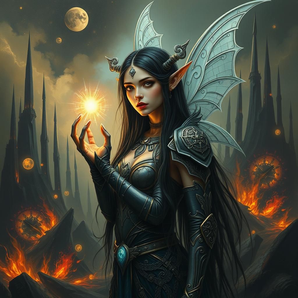 Mystical Fairy Elf Radiating Energy in Dystopian Landscape