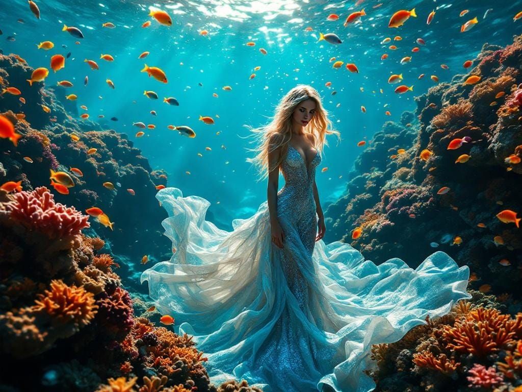 Underwater Supermodel on Coral Reef in Hyperrealism