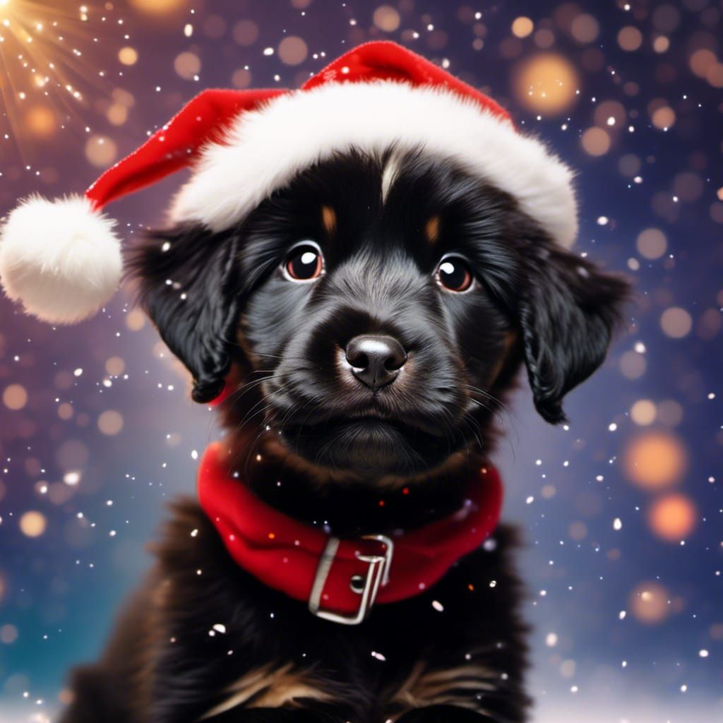 Cute Black Puppy in Santa Hat