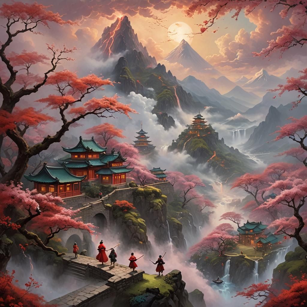 Ethereal Red Volcano with Peach Blossoms Fantasy