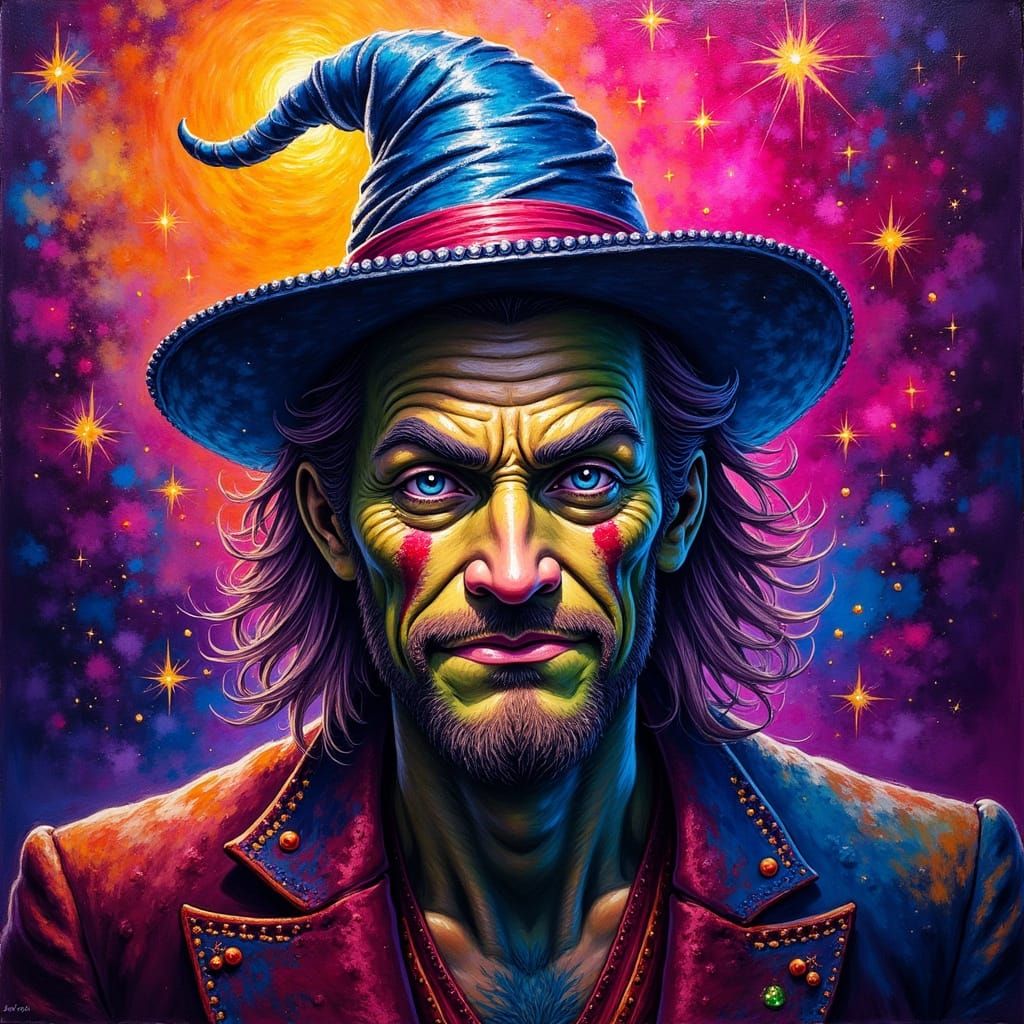 Vibrant Impasto Portrait of a Cosmic Trickster