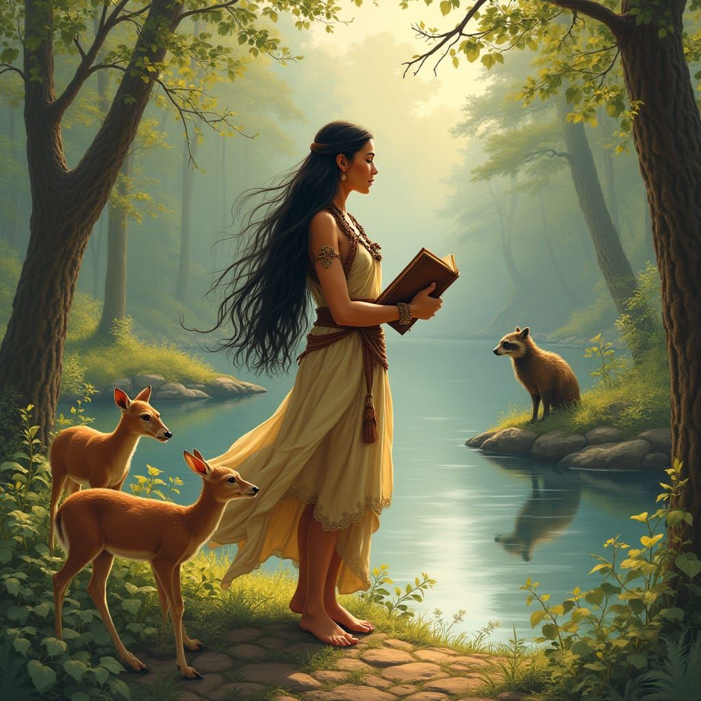 Pocahontas Serenely Reads by a Tranquil River