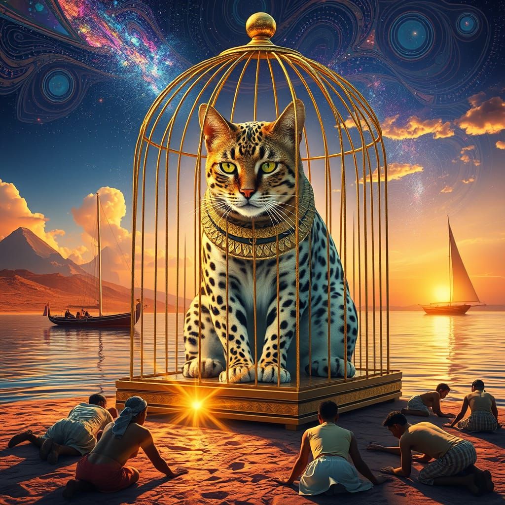 Colossal Egyptian Mau in Astral Cosmic Illustration