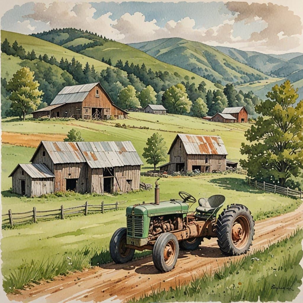 Quaint Farm Scene in Pen and Ink