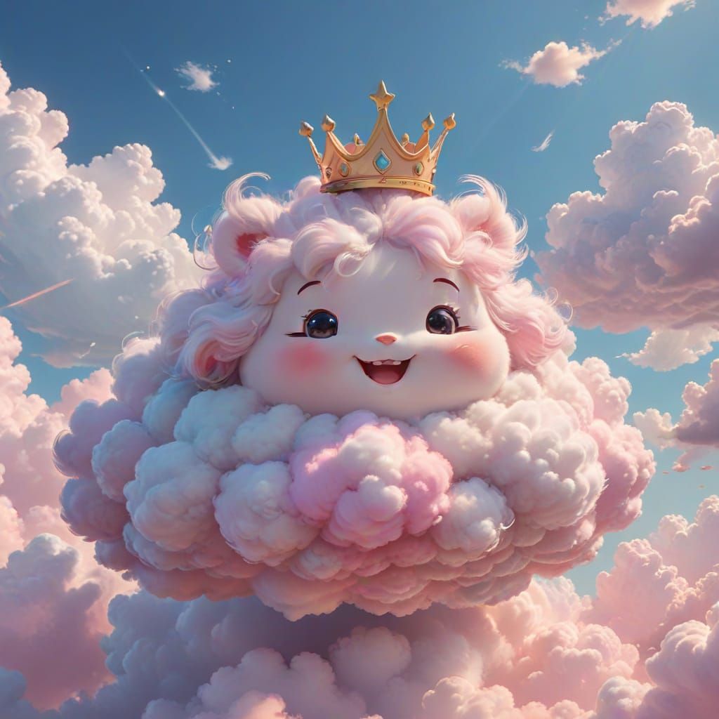Kawaii Cloud with Crown Floating in Pastel Sky