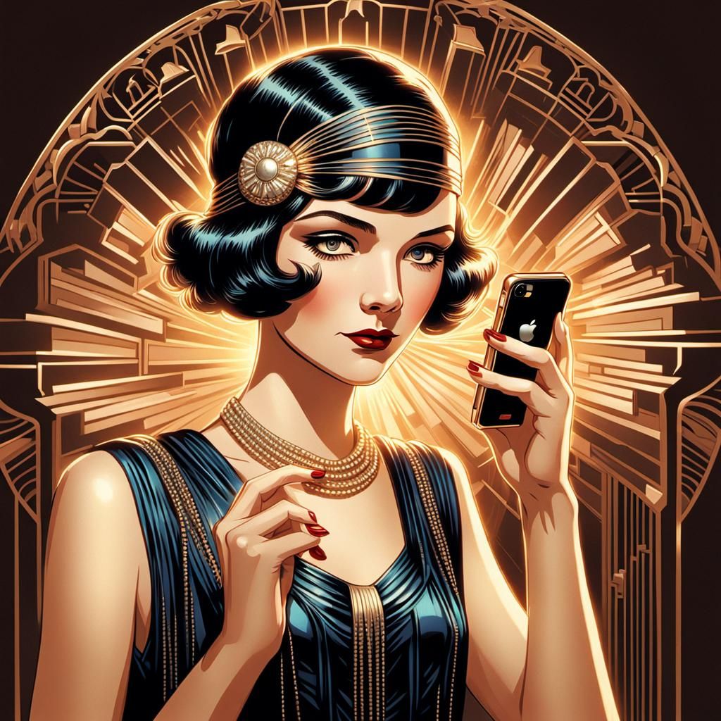 1920s Flapper Girl with iPhone: Vintage Comic Art