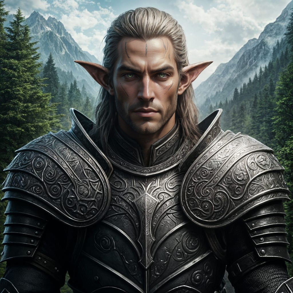 Epic Elven Templar in Dark Steel Armor, Mountain Forest Back...