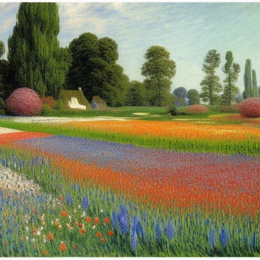 Multicolor Flowers in Spring Landscape Painting