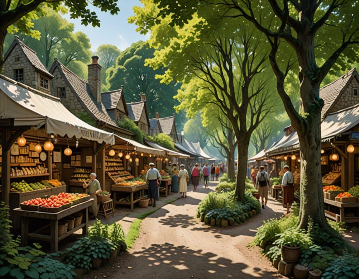 Bustling Village Market in Comic Book Style