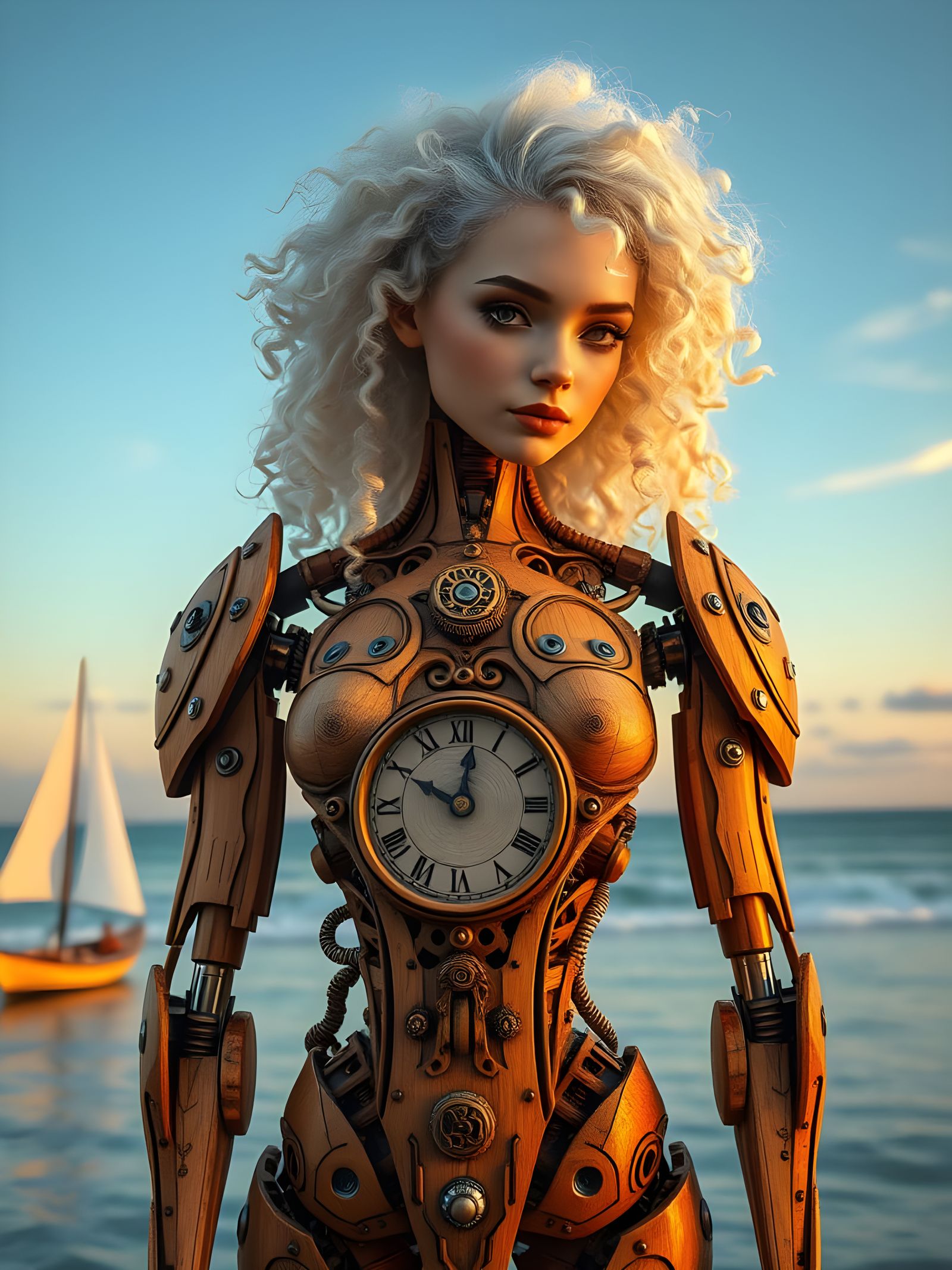 Cyborg Girl on Beach Sunset