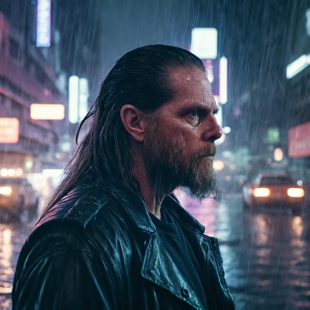 Cyberpunk Protagonist in Rainy Cityscape