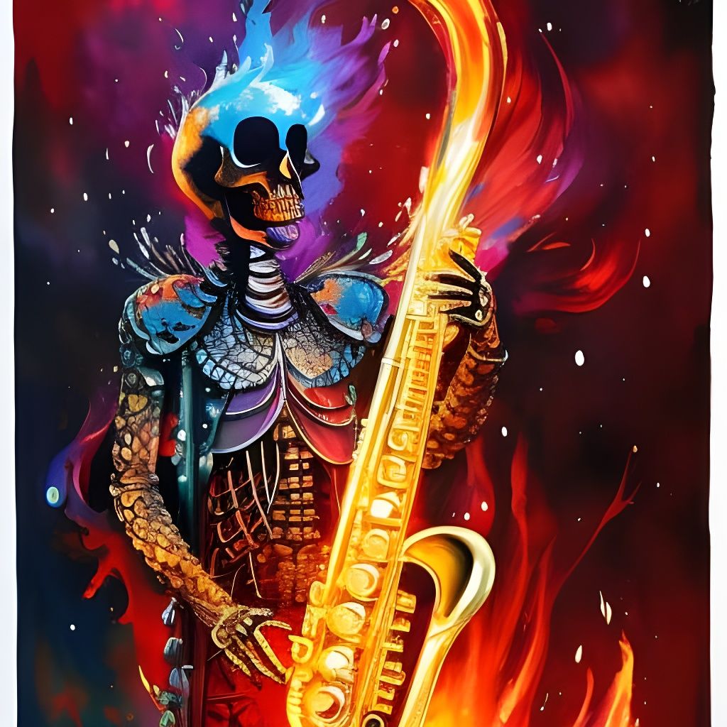 Flaming Skeleton Saxophonist in Wild Watercolor Style