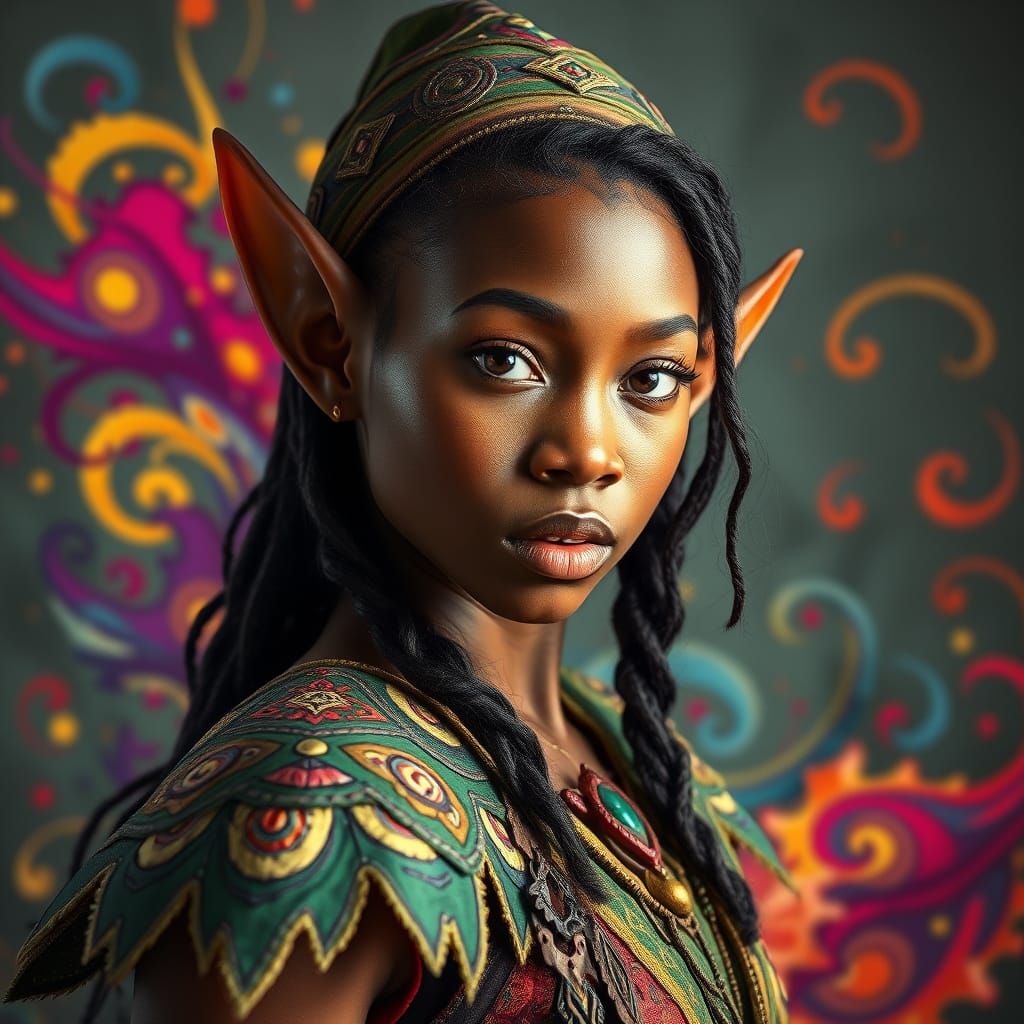 African American College Girl Elf in Vibrant Fantasy Attire