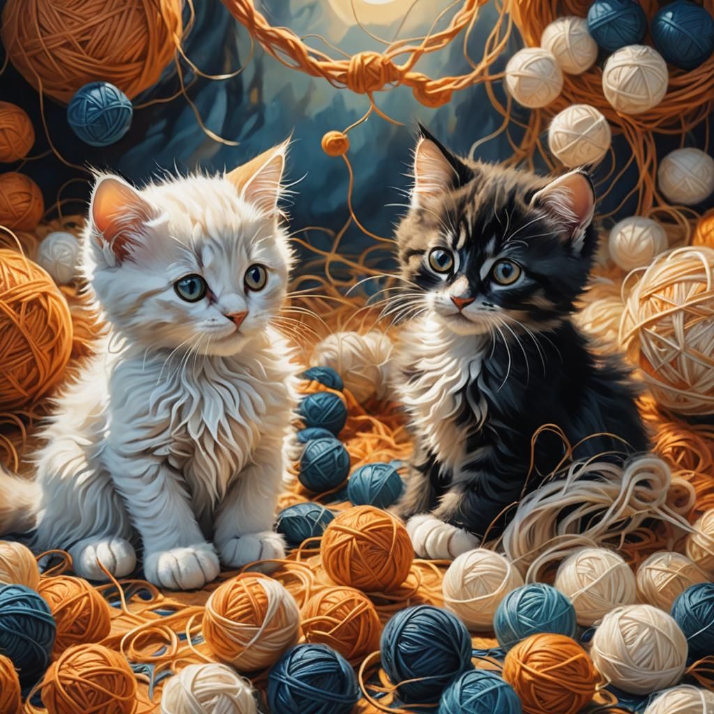 Kittens Play with Yarn in Vibrant Oil Painting